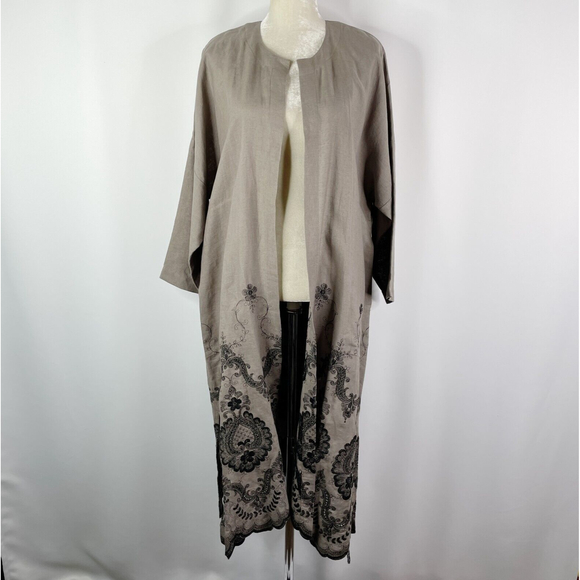 Eskandar Linen Jacket Size 0 Taupe Duster Long Open Front Embroidered Lagenlook - Picture 2 of 12